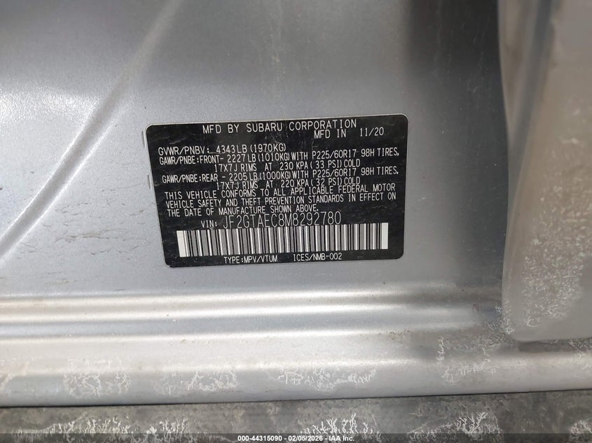 2021 Subaru Xv VIN JF2GTAEC8M8292780 IAAI salvage auction — RIGHT SIDE, Salvage (Colorado), sold $2,950 on 2026-07-22 (photo 9)