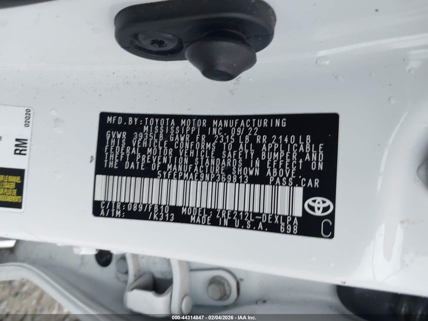2022 Toyota Corolla VIN 5YFEPMAE9NP369813 IAAI salvage auction — FRONT & REAR, Salvage - Greater Than 75% (Maryland), sold $3,250 on 2026-07-13 (photo 9)