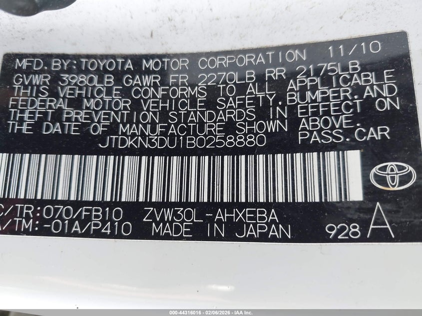 2011 Toyota Prius VIN JTDKN3DU1B0258880 IAAI salvage auction — FRONT END, Clear - Dealer Only (California), sold $2,150 on 2026-07-15 (photo 9)
