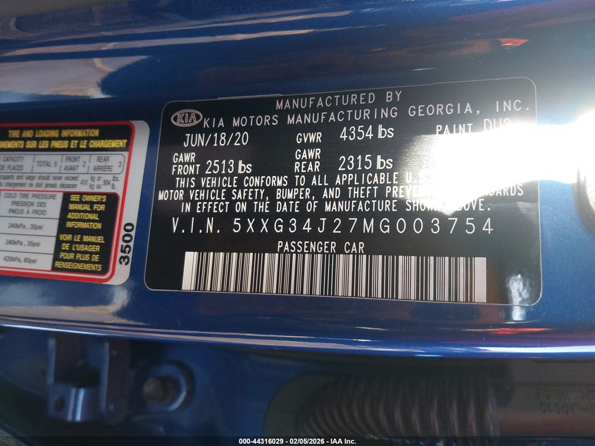 2021 Kia K5 VIN 5XXG34J27MG003754 IAAI salvage auction — FRONT END, Salvage - Greater Than 75% (Maryland), sold $3,200 on 2026-07-15 (photo 9)