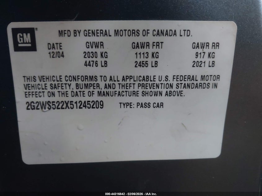 2005 Pontiac Grand prix VIN 2G2WS522X51245209 IAAI salvage auction — NORMAL WEAR, Clear-Endorsement (Wisconsin), sold $275 on 2026-07-16 (photo 9)