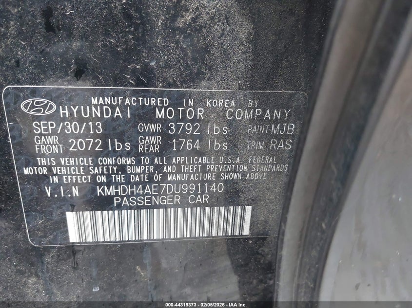 2013 Hyundai Elantra VIN KMHDH4AE7DU991140 IAAI salvage auction — REAR END, Salvage Title, sold $650 on 2026-07-16 (photo 9)