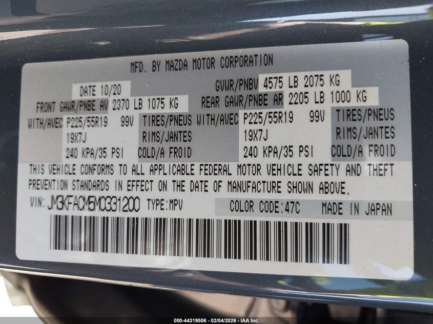 2021 Mazda Cx-5 VIN JM3KFACM5M0331200 IAAI salvage auction — RIGHT REAR, Salvage Title, sold $25 on 2026-07-29 (photo 9)