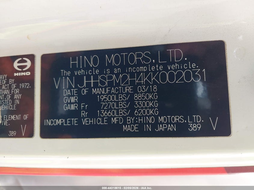 2019 VIN JHHSPM2H4KK002031 IAAI salvage auction — FRONT END, Salvage (California), sold $3,700 on 2026-08-12 (photo 8)