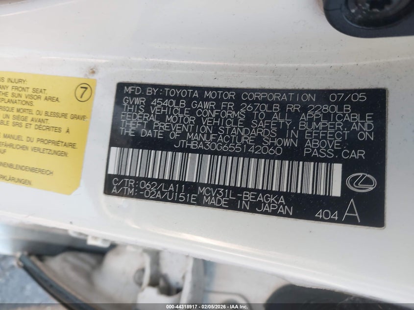 2005 Lexus ES VIN JTHBA30G655142060 IAAI salvage auction — FRONT END, Salvage - Greater Than 75% (Maryland), sold $450 on 2026-07-08 (photo 9)
