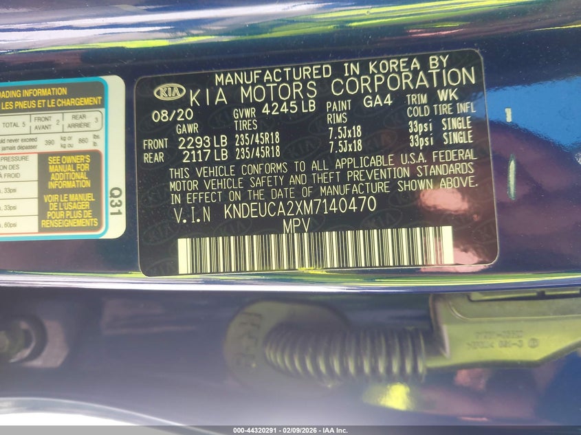 2021 Kia Seltos VIN KNDEUCA2XM7140470 IAAI salvage auction — FRONT END, Salvage Title, sold $2,400 on 2026-07-21 (photo 9)