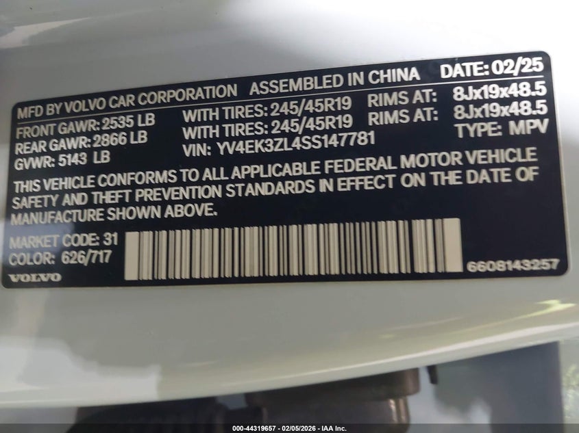 2025 Volvo Ex30 VIN YV4EK3ZL4SS147781 IAAI salvage auction — REAR END, Salvage Title, sold $15,600 on 2026-07-30 (photo 9)