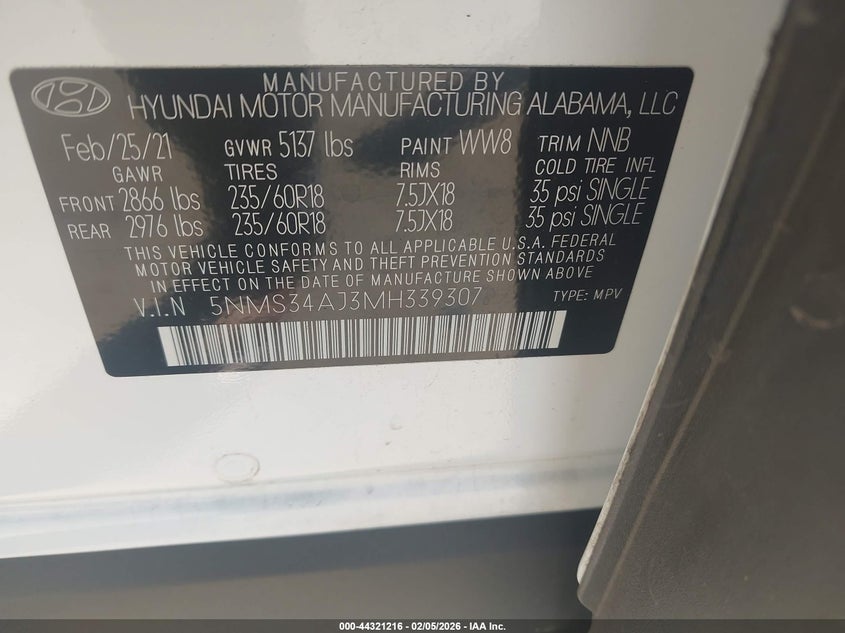 2021 Hyundai Santa fe VIN 5NMS34AJ3MH339307 IAAI salvage auction — FRONT END, Original (Texas), sold $3,300 on 2026-07-10 (photo 9)