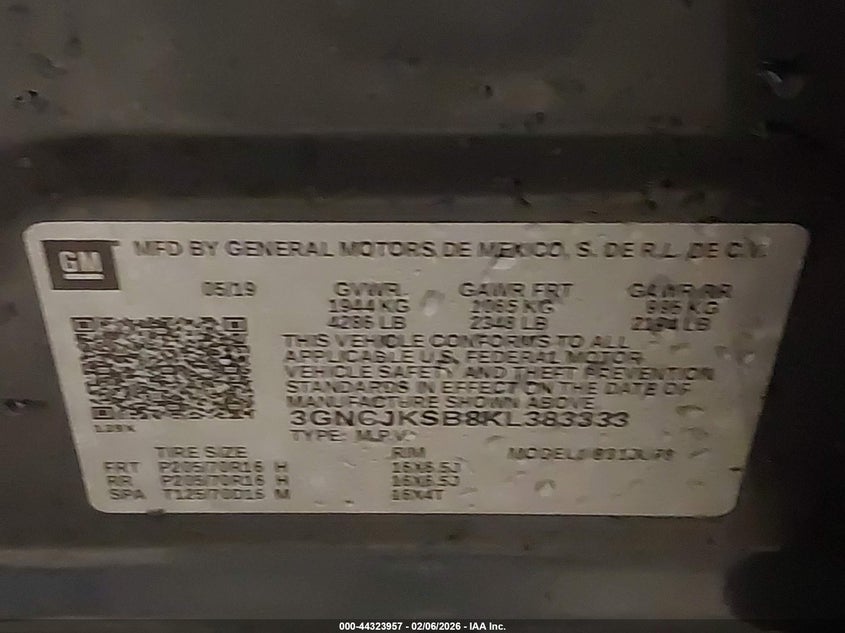 2019 Chevrolet Trax VIN 3GNCJKSB8KL383333 IAAI salvage auction — FRONT END, Salvage Title, sold $2,050 on 2026-07-20 (photo 9)