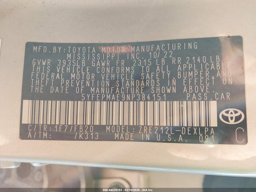 2022 Toyota Corolla VIN 5YFEPMAE9NP384151 IAAI salvage auction — FRONT END, Salvage Title, sold $2,600 on 2026-07-27 (photo 9)