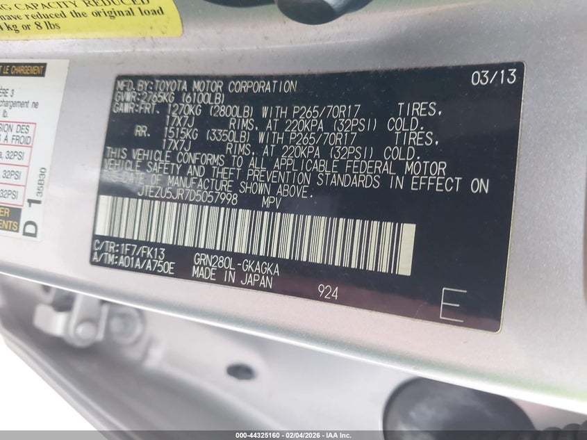 2013 Toyota 4runner VIN JTEZU5JR7D5057998 IAAI salvage auction — REAR END, Salvage Title, sold $6,400 on 2026-07-29 (photo 9)
