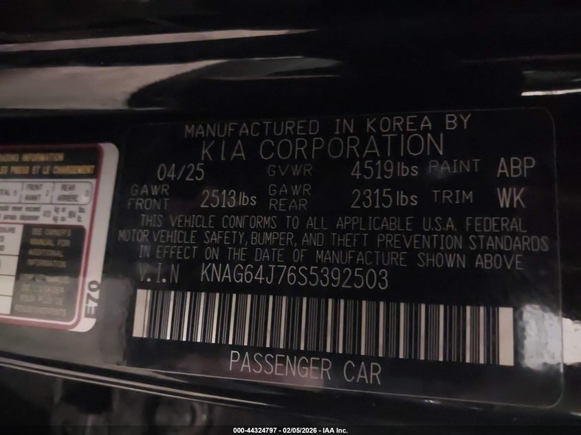 2025 Kia K5 VIN KNAG64J76S5392503 IAAI salvage auction — ROOF, Salvage Title, sold $5,900 on 2026-07-14 (photo 9)