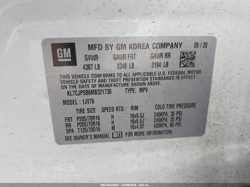 2021 Chevrolet Trax VIN KL7CJPSB6MB321730 IAAI salvage auction — RIGHT FRONT, Salvage (Texas), sold $1,875 on 2026-07-23 (photo 9)