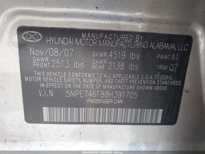 2008 Hyundai Sonata VIN 5NPET46F88H391705 IAAI salvage auction — FRONT END, Rebuildable (Florida), sold $500 on 2026-07-13 (photo 9)