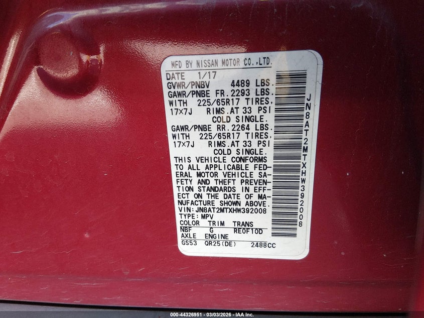 2017 Nissan Rogue VIN JN8AT2MTXHW392008 IAAI salvage auction — LEFT FRONT, Salvage (Nevada), sold $25 on 2026-07-24 (photo 9)