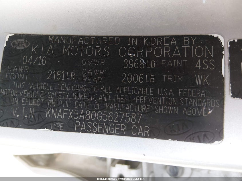 2016 Kia Forte VIN KNAFX5A80G5627587 IAAI salvage auction — FRONT & REAR, Original (West Virginia), sold $525 on 2026-07-19 (photo 9)