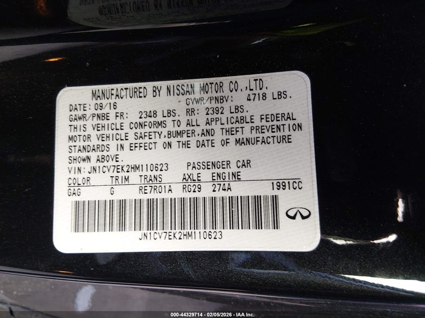 2017 Infiniti Q60 VIN JN1CV7EK2HM110623 IAAI salvage auction — RIGHT FRONT, Salvage Title, sold $1,575 on 2026-07-08 (photo 9)