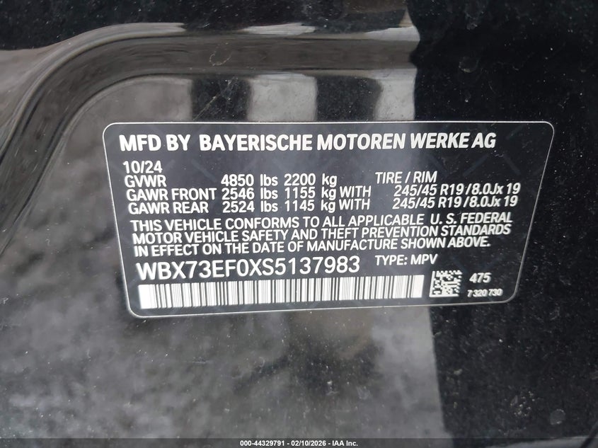 2025 BMW X1 VIN WBX73EF0XS5137983 IAAI salvage auction — UNKNOWN, Salvage Title, sold $16,200 on 2026-07-15 (photo 9)