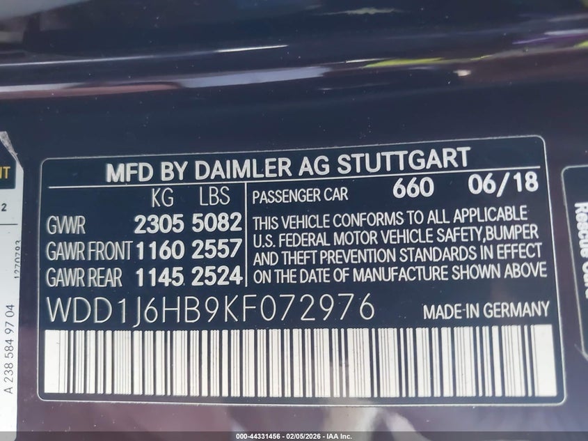 2019 Mercedes-benz E-klasse VIN WDD1J6HB9KF072976 IAAI salvage auction — LEFT REAR, Salvage Title, sold $10,500 on 2026-08-01 (photo 9)