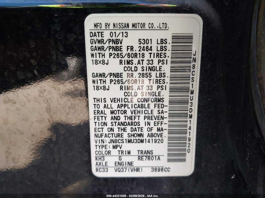 2013 Infiniti Fx VIN JN8CS1MU3DM141920 IAAI salvage auction — ROLLOVER, Junk (Oklahoma), sold $100 on 2026-07-22 (photo 9)