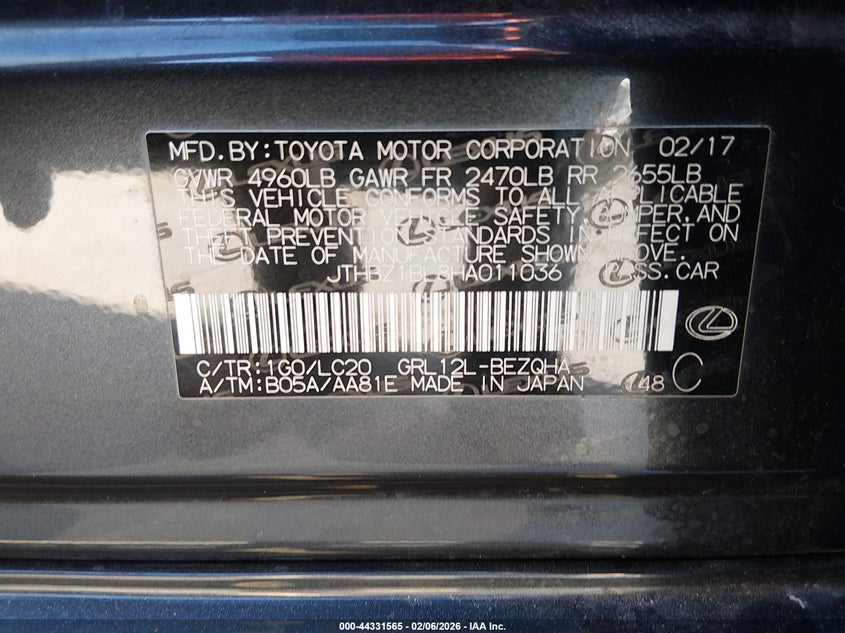 2017 Lexus Gs VIN JTHBZ1BL8HA011036 IAAI salvage auction — REAR END, Salvage Title, sold $7,100 on 2026-07-14 (photo 9)