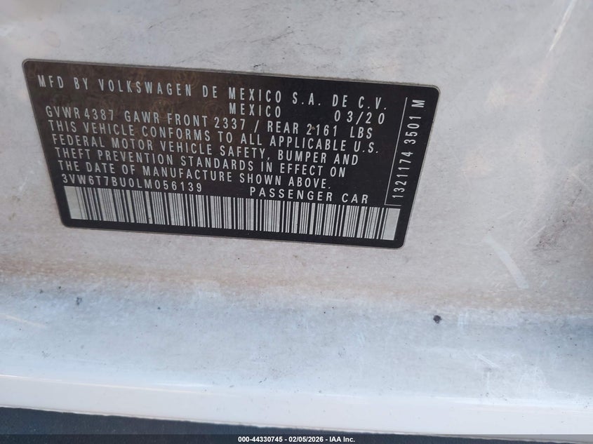 2020 Volkswagen Jetta VIN 3VW6T7BU0LM056139 IAAI salvage auction — FRONT END, Salvage Title, sold $3,650 on 2026-07-09 (photo 9)