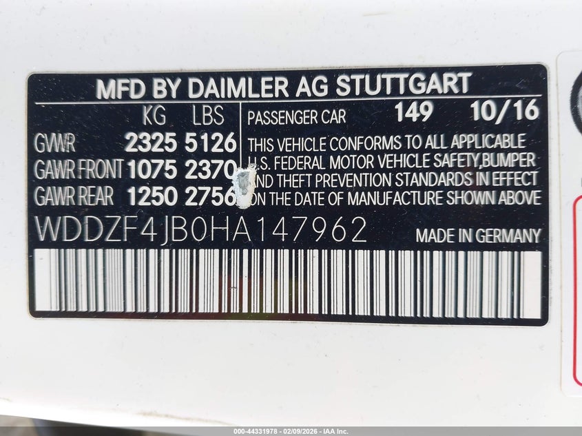 2017 Mercedes-benz E-klasse VIN WDDZF4JB0HA147962 IAAI salvage auction — UNKNOWN, Salvage (California), sold $8,000 on 2026-07-22 (photo 9)