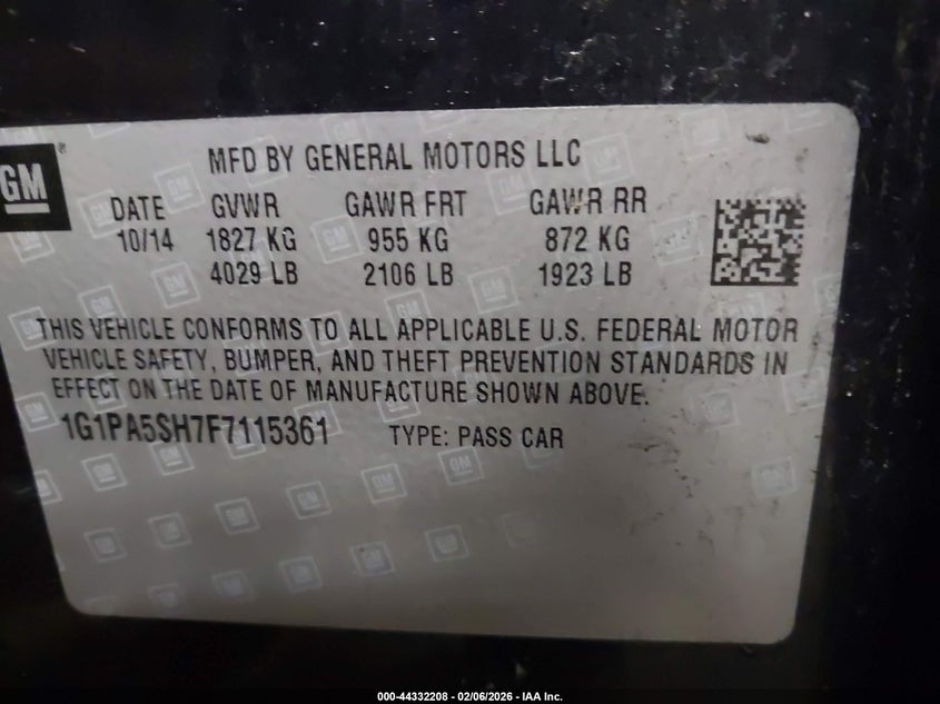 2015 Chevrolet Cruze VIN 1G1PA5SH7F7115361 IAAI salvage auction — FRONT END, Salvage Title, sold $525 on 2026-07-20 (photo 9)