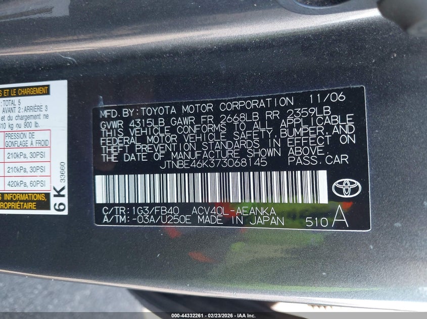 2007 Toyota Camry VIN JTNBE46K373068145 IAAI salvage auction — LEFT SIDE, Salvage (Nevada), sold $675 on 2026-07-31 (photo 9)