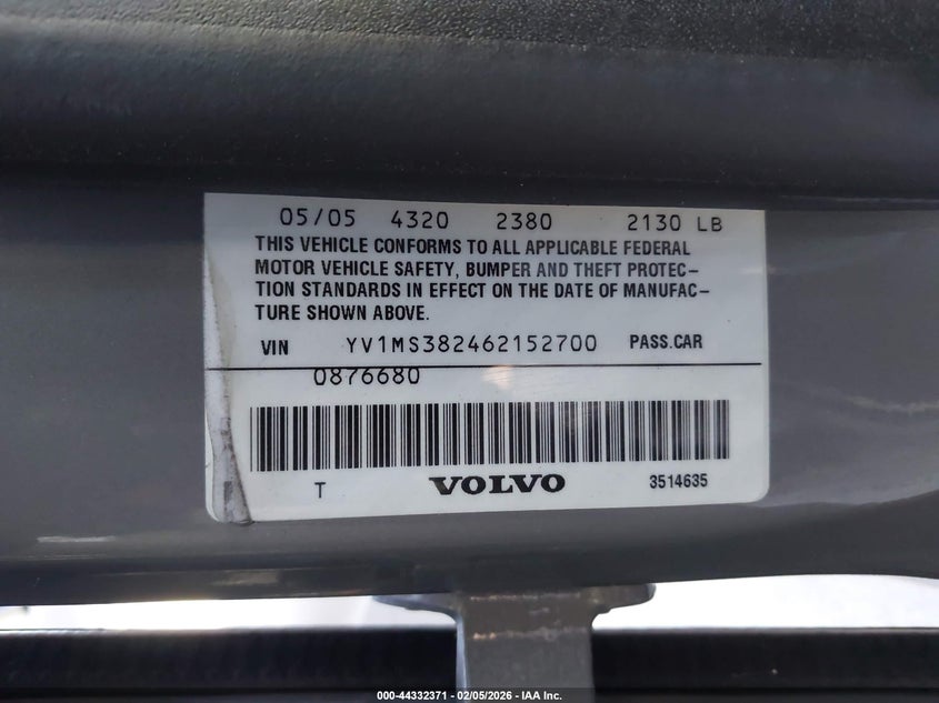 2006 Volvo S40 VIN YV1MS382462152700 IAAI salvage auction — SIDE, Salvage (California), sold $450 on 2026-07-11 (photo 9)