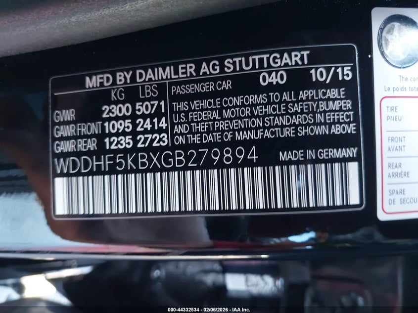 2016 Mercedes-benz E-klasse VIN WDDHF5KBXGB279894 IAAI salvage auction — LEFT FRONT, Salvage Title, sold $1,850 on 2026-07-21 (photo 9)