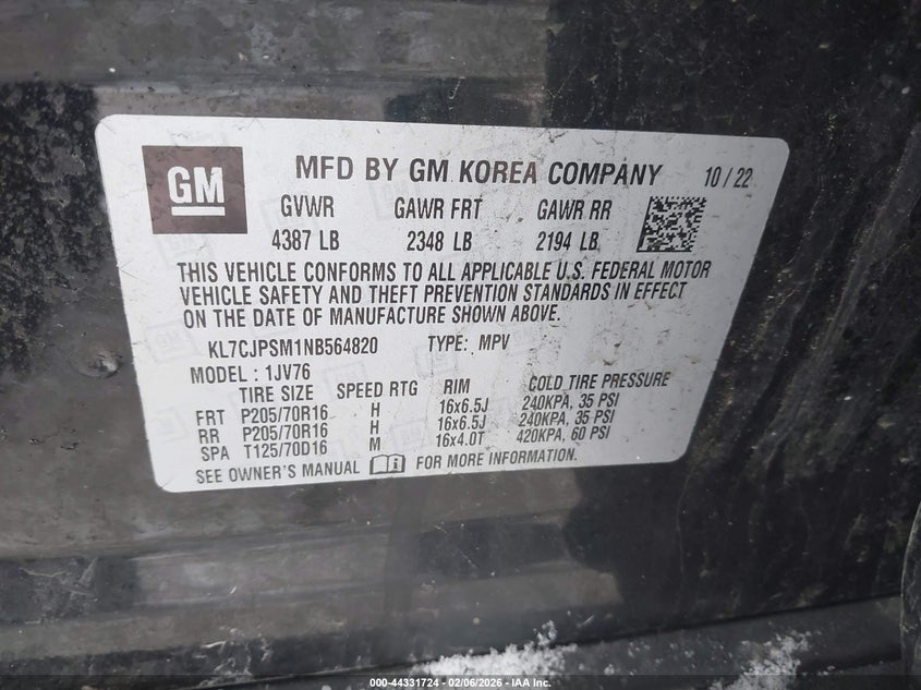 2022 Chevrolet Trax VIN KL7CJPSM1NB564820 IAAI salvage auction — FRONT END, Salvage (Indiana), sold $3,350 on 2026-07-16 (photo 9)