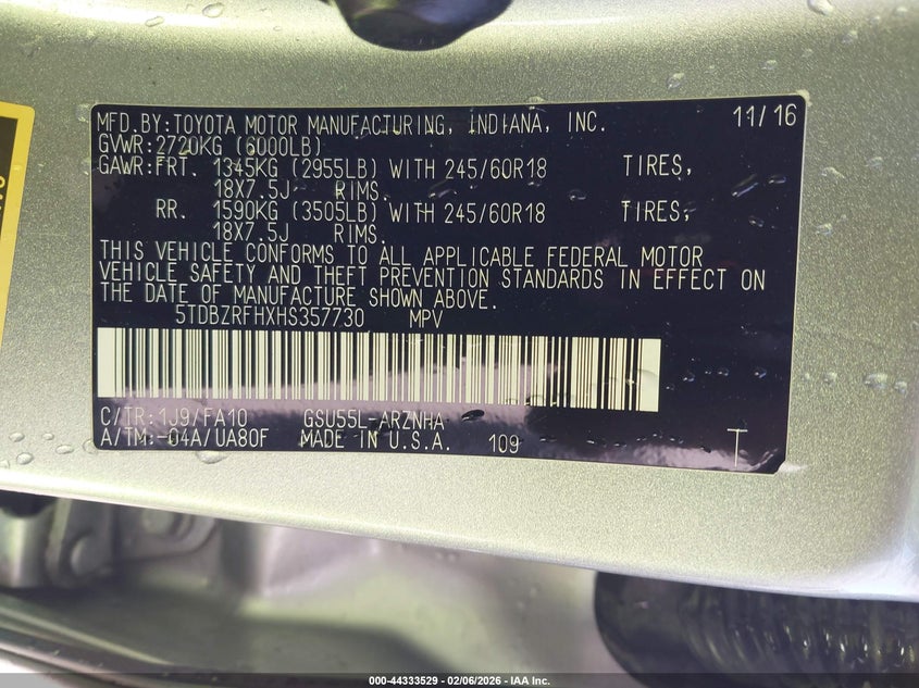 2017 Toyota Highlander VIN 5TDBZRFHXHS357730 IAAI salvage auction — FRONT END, Salvage (North Carolina), sold $2,950 on 2026-07-06 (photo 9)