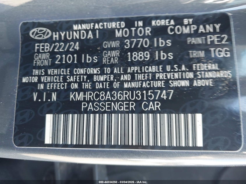2024 Hyundai Venue VIN KMHRC8A36RU315747 IAAI salvage auction — FRONT & REAR, Salvage Title, sold $3,725 on 2026-07-15 (photo 9)