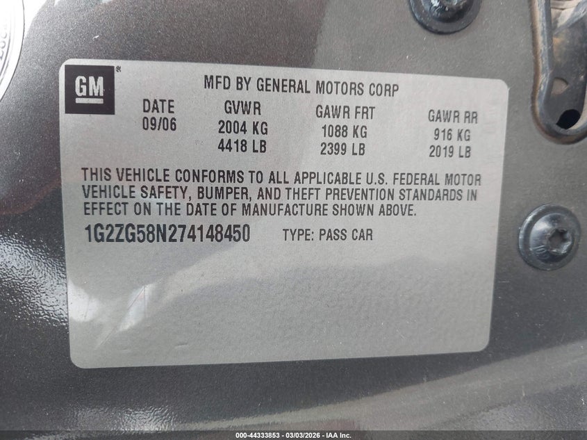 2007 Pontiac G6 VIN 1G2ZG58N274148450 IAAI salvage auction — NORMAL WEAR, Bill Of Sale (Tennessee), sold $225 on 2026-07-09 (photo 9)