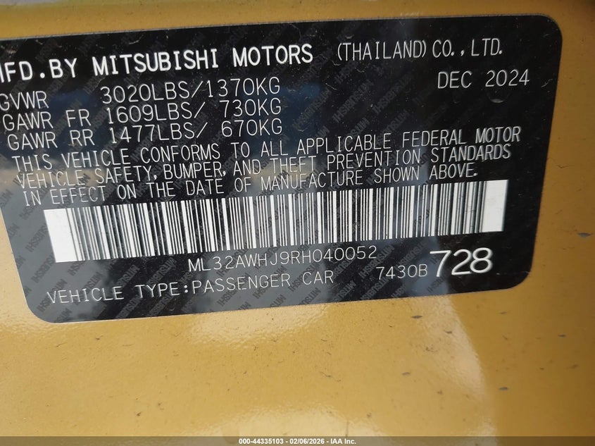2024 Mitsubishi Mirage VIN ML32AWHJ9RH040052 IAAI salvage auction — FRONT END, Salvage (South Carolina), sold $25 on 2026-07-29 (photo 9)