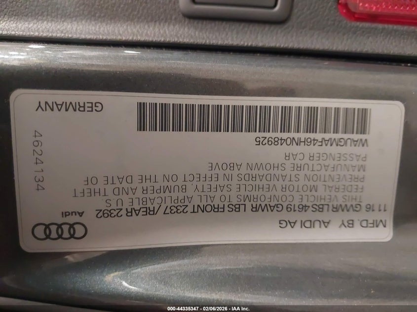 2017 Audi A4 VIN WAUGMAF46HN048925 IAAI salvage auction — FRONT END, Mv-907A (New York), sold $3,750 on 2026-07-07 (photo 9)