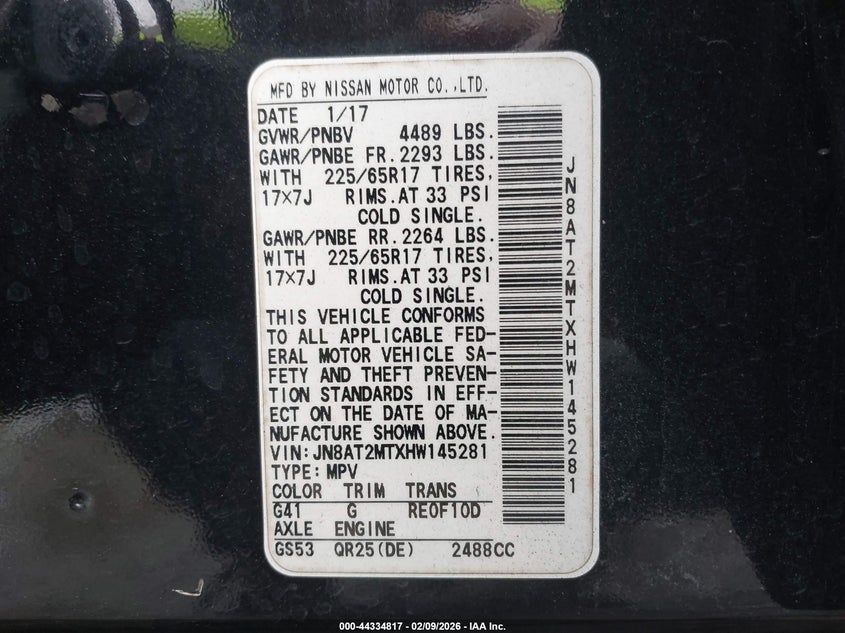 2017 Nissan Rogue VIN JN8AT2MTXHW145281 IAAI salvage auction — FRONT END, Salvage Title, sold $1,425 on 2026-07-10 (photo 9)
