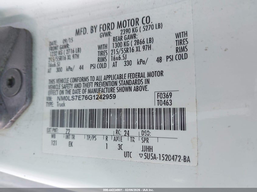 2016 Ford Transit VIN NM0LS7E76G1242959 IAAI salvage auction — FRONT END, Rebuildable (Florida), sold $750 on 2026-07-20 (photo 9)