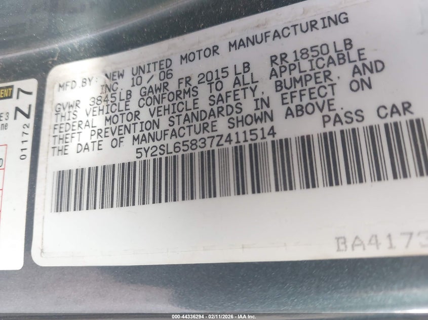 2007 Pontiac Vibe VIN 5Y2SL65837Z411514 IAAI salvage auction — LEFT REAR, Salvage (Texas), sold $425 on 2026-07-21 (photo 9)