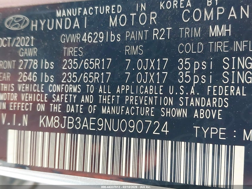 2022 Hyundai Tucson VIN KM8JB3AE9NU090724 IAAI salvage auction — ROOF, Salvage Title, sold $5,500 on 2026-07-20 (photo 9)