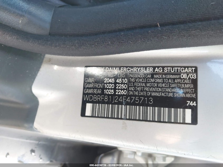 2004 Mercedes-benz C-klasse VIN WDBRF81J24F475713 IAAI salvage auction — FRONT END, Salvage (Oregon), sold $500 on 2026-08-03 (photo 9)