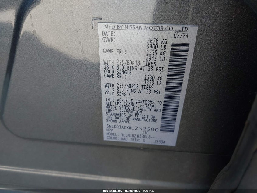 2024 Nissan Pathfinder VIN 5N1DR3ACXRC252590 IAAI salvage auction — FRONT END, Salvage (Georgia), sold $8,750 on 2026-07-29 (photo 9)