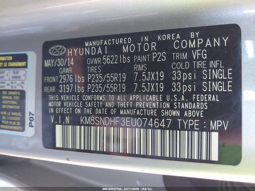 2014 Hyundai Santa fe VIN KM8SNDHF3EU074647 IAAI salvage auction — FRONT & REAR, Salvage (Indiana), sold $1,650 on 2026-07-23 (photo 9)