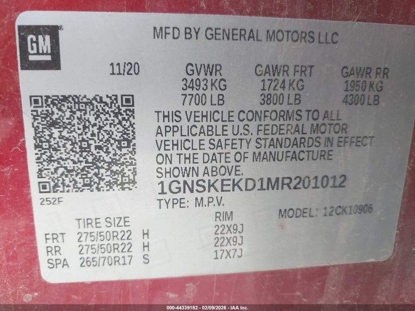 2021 Chevrolet Suburban VIN 1GNSKEKD1MR201012 IAAI salvage auction — REAR END, Clear (Oklahoma), sold $15,500 on 2026-07-28 (photo 9)
