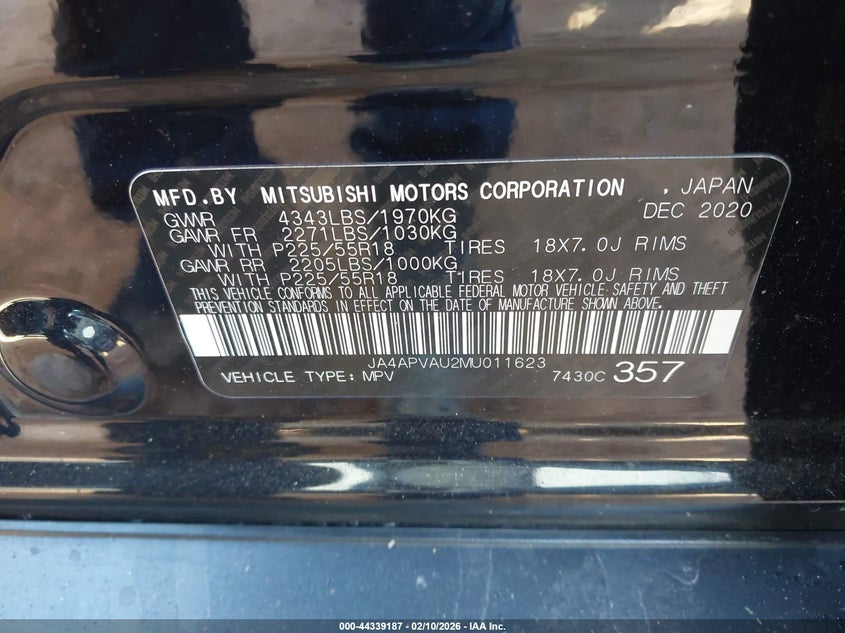 2021 Mitsubishi Outlander VIN JA4APVAU2MU011623 IAAI salvage auction — FRONT END, Salvage (North Carolina), sold $2,800 on 2026-07-20 (photo 9)