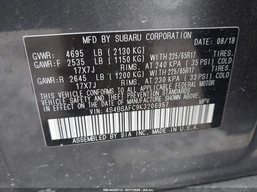 2019 Subaru Outback VIN 4S4BSAFC9K3206957 IAAI salvage auction — LEFT SIDE, Salvage Title, sold $2,175 on 2026-09-15 (photo 9)