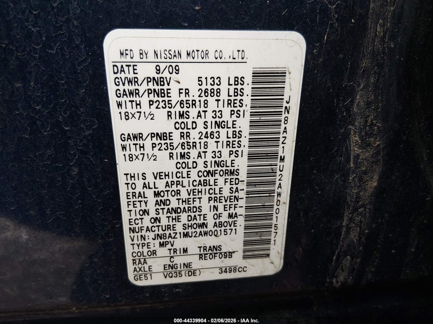 2010 Nissan Murano VIN JN8AZ1MU2AW001571 IAAI salvage auction — FRONT & REAR, Clear (Indiana), sold $275 on 2026-07-22 (photo 9)