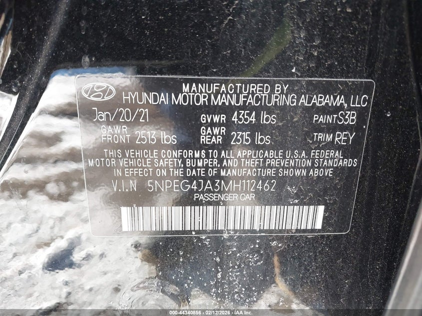 2021 Hyundai Sonata VIN 5NPEG4JA3MH112462 IAAI salvage auction — UNKNOWN, Salvage (Massachusetts), sold $2,300 on 2026-07-31 (photo 9)
