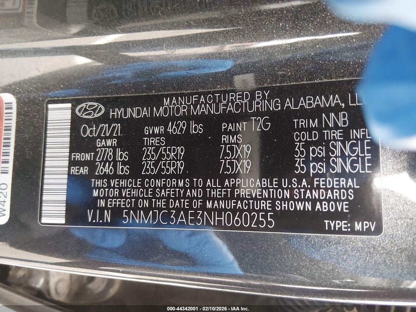 2022 Hyundai Tucson VIN 5NMJC3AE3NH060255 IAAI salvage auction — REAR END, Salvage Title, sold $7,300 on 2026-07-31 (photo 9)